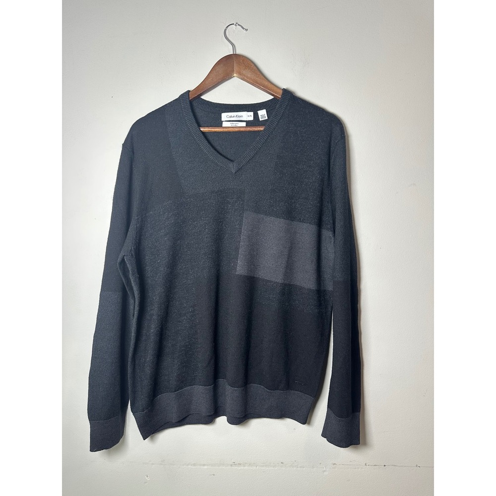 Calvin Klein Merino Wool Blend V-Neck Colorblock Sweater Black Grey XL